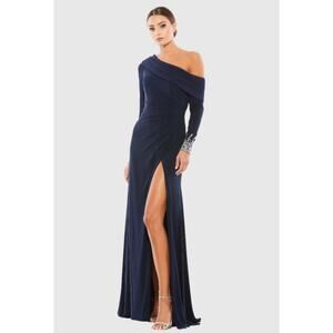 Mac Duggal Navy Beaded Cuff Drop Shoulder Faux Wrap Gown - Size 4 - NWT